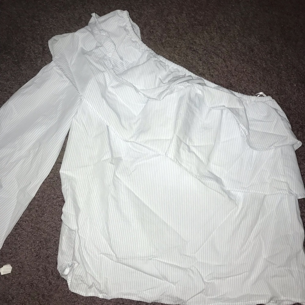 Light blue and white one shoulder shirt